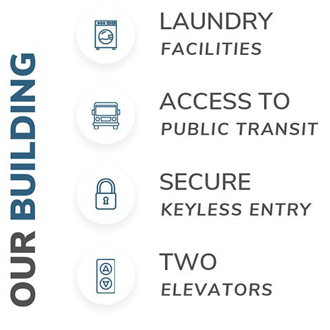 Our Building: laundry facilities, access to public transport, secure keyless entry, two elevators.