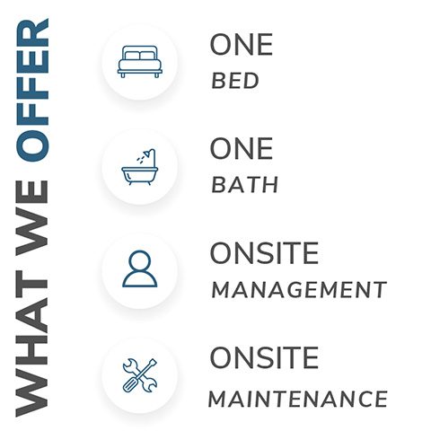 What we offer: one bed, one bath, onsite management, onsite maintenance.